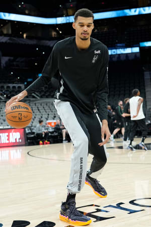 Jan 4, 2024; San Antonio, Texas, USA; San Antonio Spurs forward Victor Wembanyama (1) warms up before a game against the Milwaukee Bucks at Frost Bank Center.